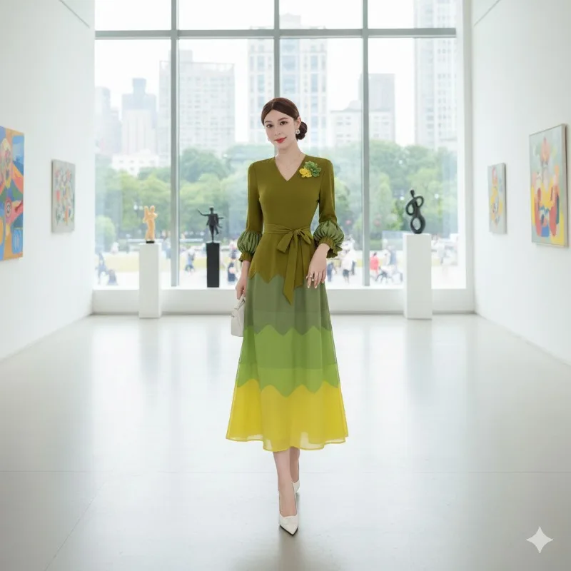 

Плиссированные платья Miyake 2026, весеннее новое свободное платье больших размеров с принтом и рукавами-фонариками, высококачественное многослойное длинное платье с градиентом и бисером