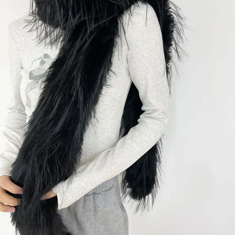 Y2K Women Imitation Mink Fur Scarf Earmuffs Set Winter Warm Thickened Soft Plush Fur Collar Neck Long Scarf New Year Gift