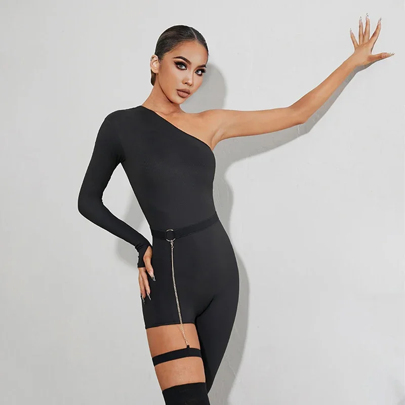 Ropa de baile de Rumba y Salsa para mujer, pantalones de baile latino negros, Sexy, hombro inclinado, diseño de pierna de una manga, mono de baile latino