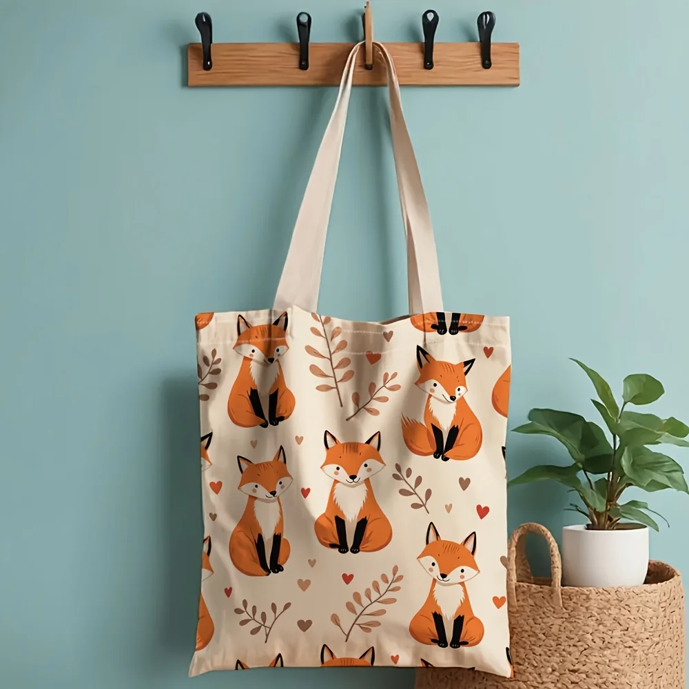 Cartoon Fox Canvas Tote Bag Lovely Animal Leaf Heart Print Large Capacity Shoulder Handbag for Daily Shopping Travel School Use