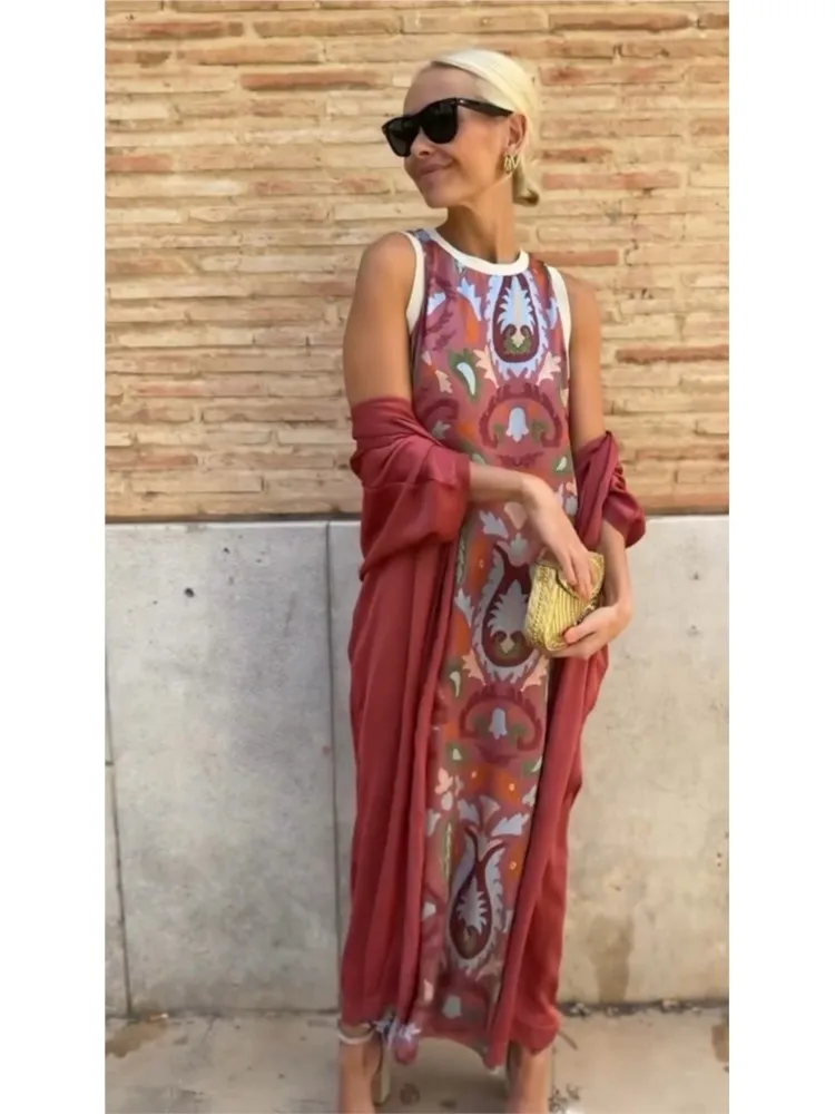 

2025 Summer Women's Two-piece Sets Dress Sleeveless Round-neck Ankle-length Sundress Cape Coat Bohemian Printed Vacation Dress