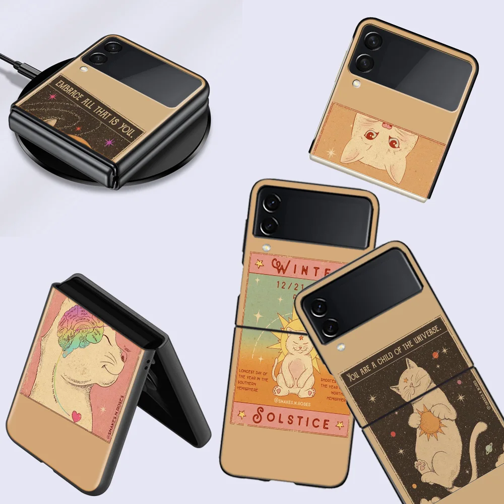 Gato bonito tarô cartão caso de telefone celular para samsung galaxy z flip 5 5g z flip 6 7 4 3 preto coque duro pc capa luxo z fli