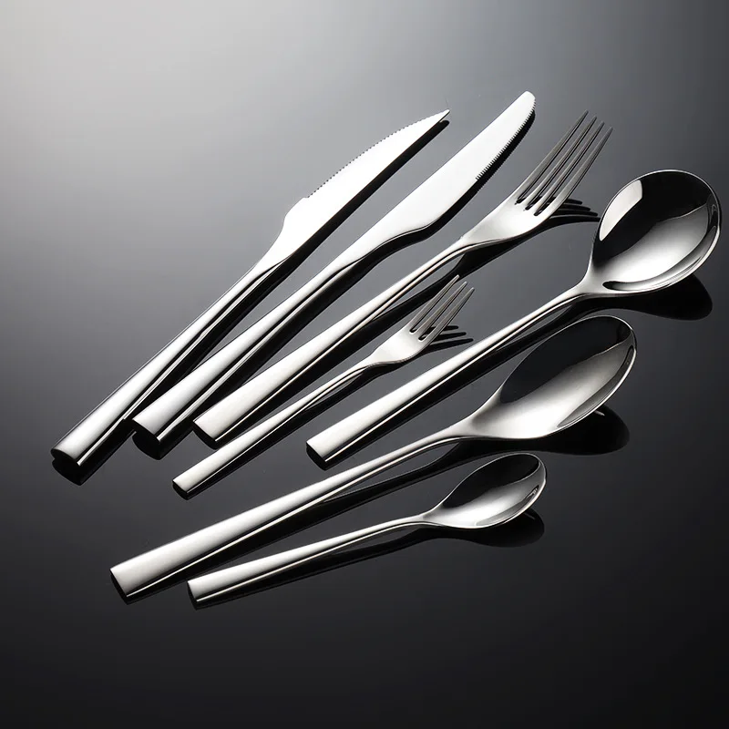 Thick Square Handle Cutlery Stainless Steel Dinnerware Sets Silver Fork Knife Spoon Teaspoon Teafork Full Table Dining Service