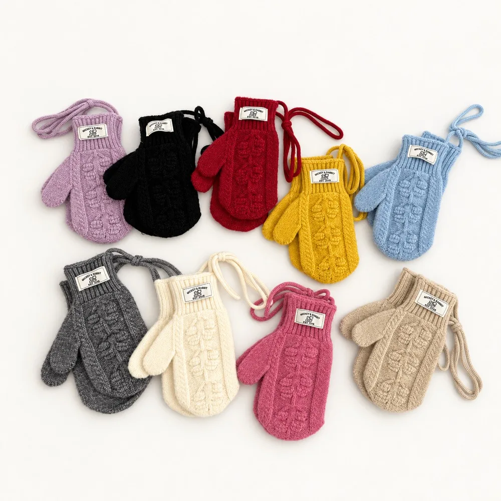 Kids Winter Cable Knit Mittens Warm Knitted Gloves with Anti Lost String for Boys Girls Ribbed Cuffs Outdoor School Cold Weather