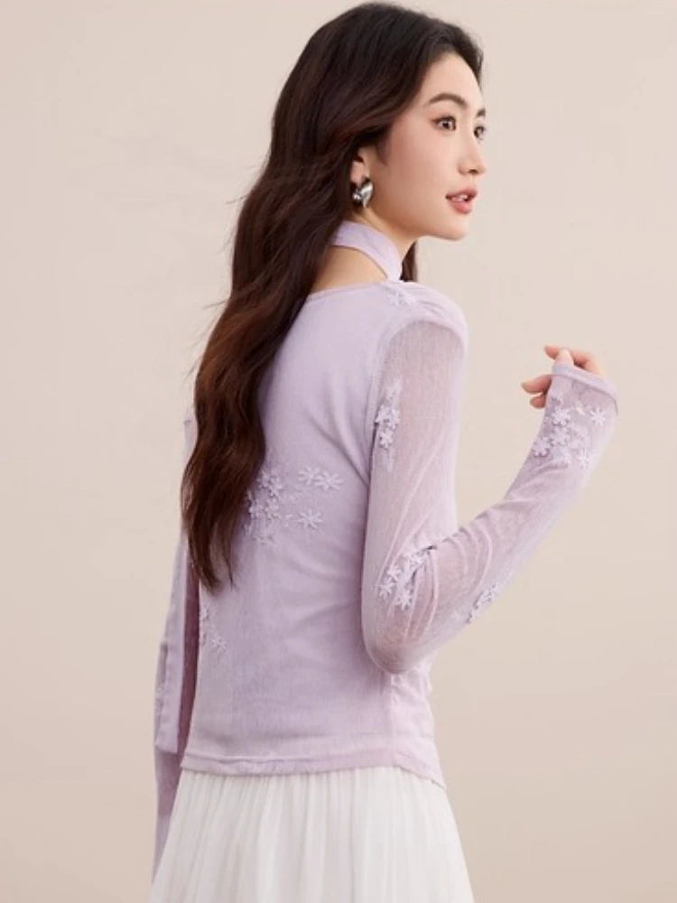 SENTUBILA élégant banlieue dentelle chemises femmes automne 2025 ruban amovible 3D fleurs broderie à manches longues haut 153CF2642