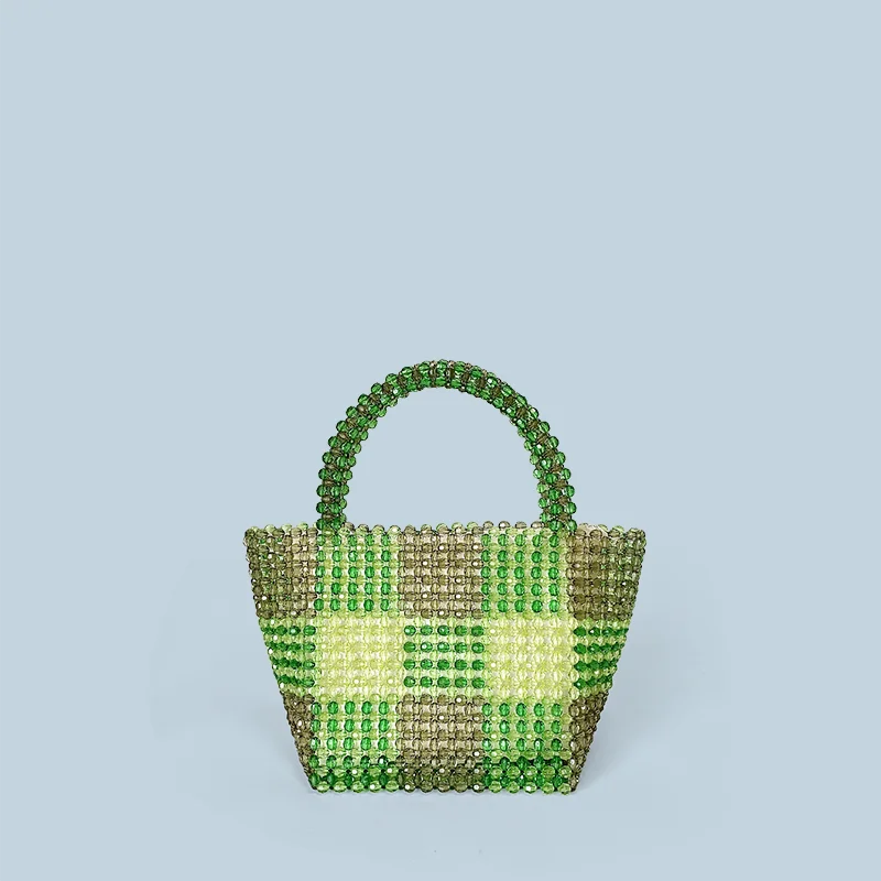 New Fashionable and Versatile Diamond Pattern Handmade Woven Women's Bag Handheld Vegetable Basket Bag Large Capacity Beaded Bag