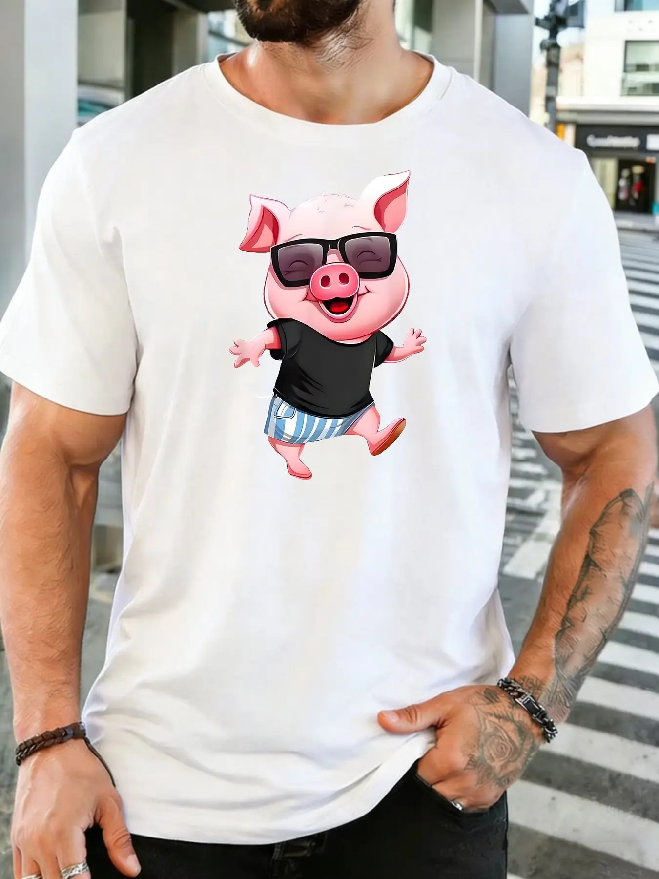 Male Army Green Round Neck T Shirt Happy Pink Pig Wearing Shades Casual Outfit Funny Summer Farm Animal Print Daily Cotton Tee