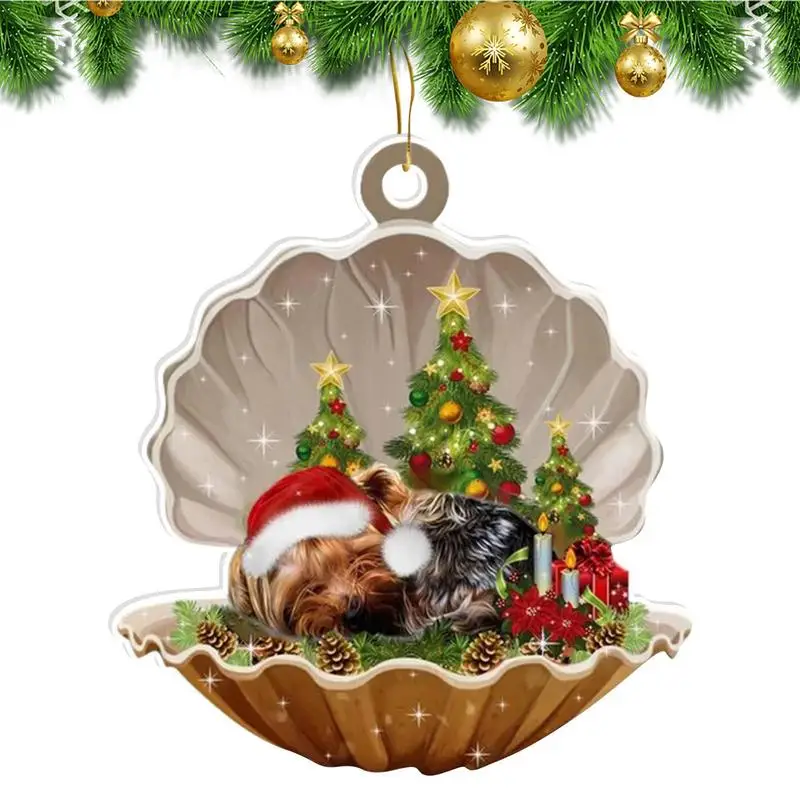 Shell Dog Christmas Ornament Cute Sleeping Dog Xmas Tree Hanging Pendants Lovely Acrylic Seafood Shell Puppy Gifts For Kids Noel