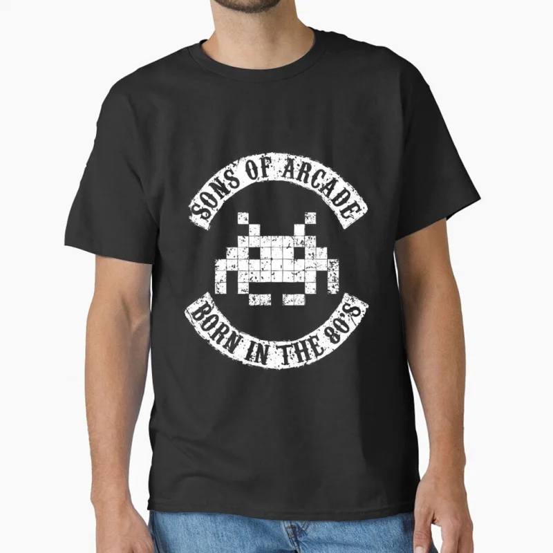 

molde sons of arcade born in the 80's Retro Space Invaders Video Game Aliens 8-Bits pixel art Arcade T shirt Large size Tops