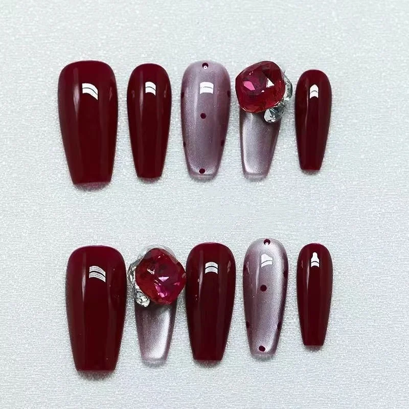 

Французский однотонный элегантный сверкающий стразы для дизайна ногтей, бордовый нежный горошек, многоразовый высококачественный дизайн ногтей