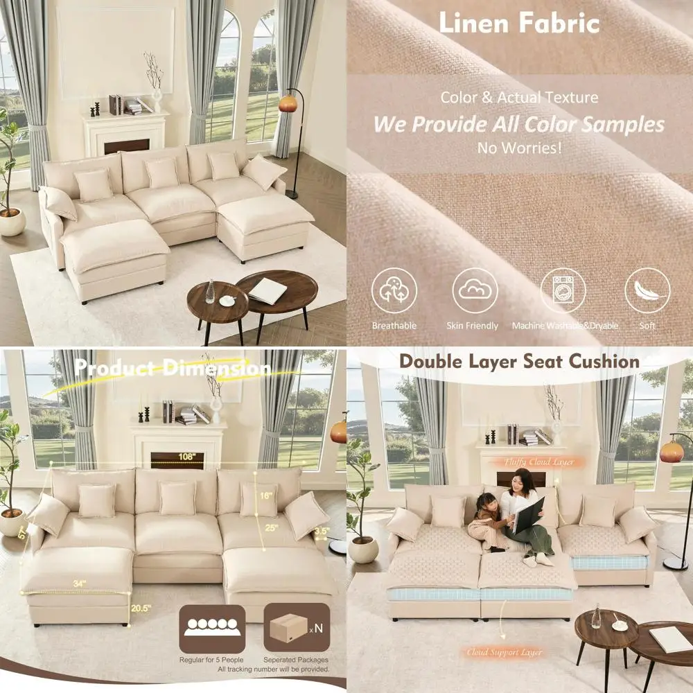 

"108-inch u-shaped modular sectional sofa with comfortable 3-seat cloud couch and movable ottoman for deep seating in living roo