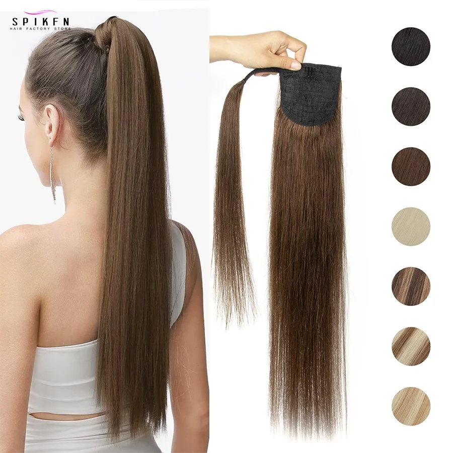 

SPIKFN Human Hair Ponytail Extensions Straight "14-22" Real Natural Brazilian Remy Wrap Clip In Hair Extension