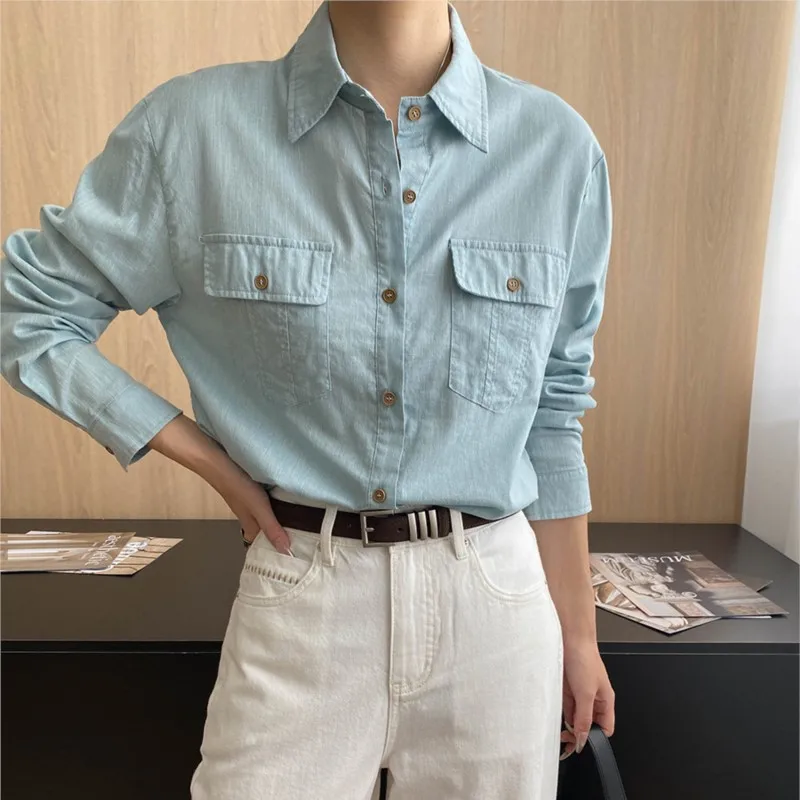 

Осень 2023, модные женские рубашки, топы, повседневные однотонные свободные рубашки с лацканами и длинными рукавами, карманами и украшением