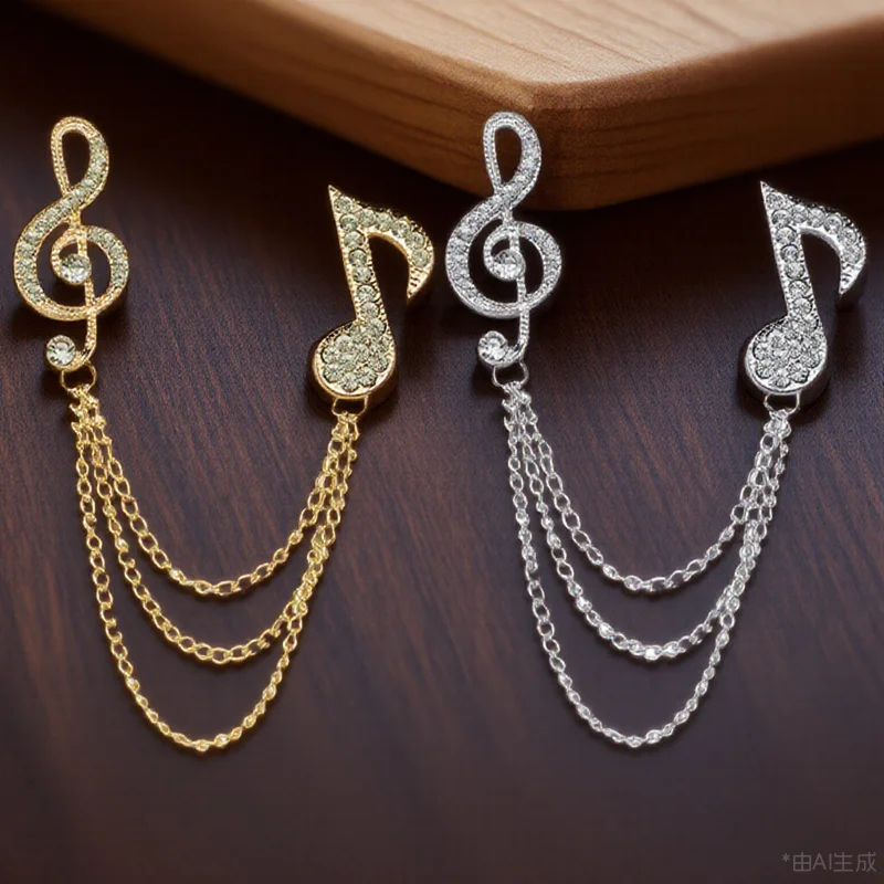 

2Pcs Musical Note Brooches for Men Portable Rhinestone Lapel Pin Collar Chain Jewelry Tie Pin for Men Rhinestone Brooches