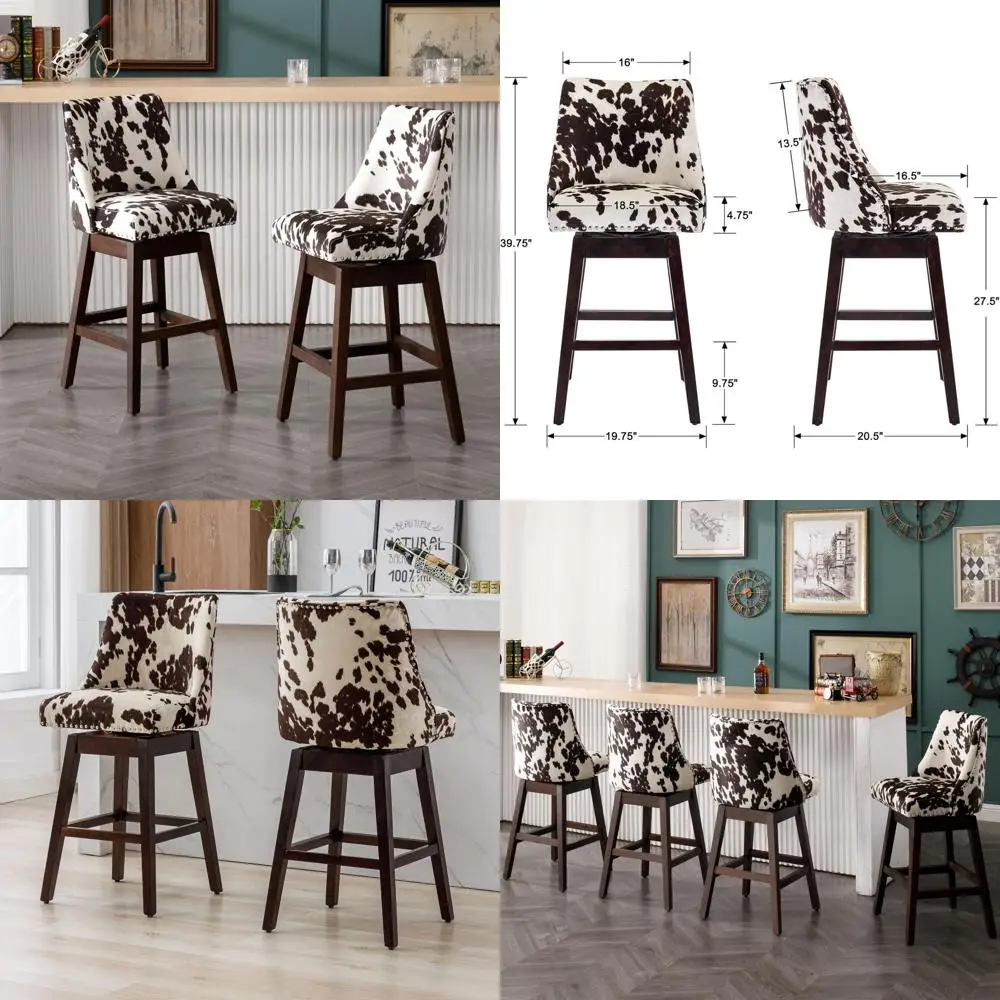 

Pair of Velvet Swivel Bar Stools with Backrest, Distressed Wood Legs for Kitchen or Dining