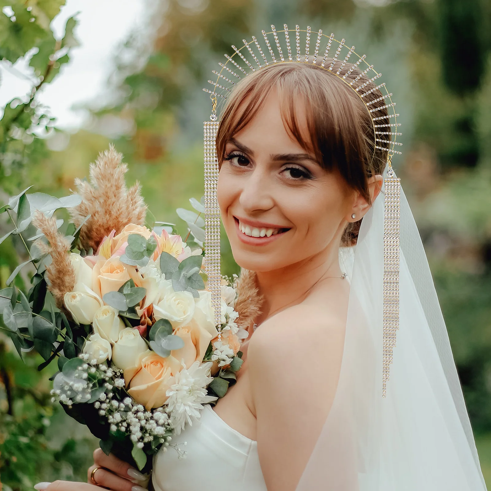 

2Pcs Rhinestones Crown Tassel Headpiece Elegant Bridal Wedding Headdress Goddess Headpiece Crown Crowns for Women