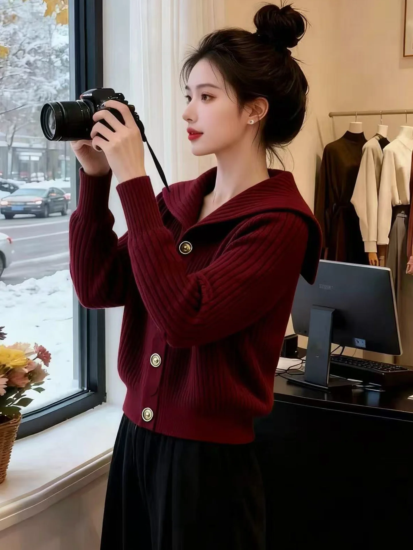 

Retro Knitted Sweater Thi Long Sve Cisas Red Versatile Winter Faionable Warm Woolen Top for Women Commute Sle