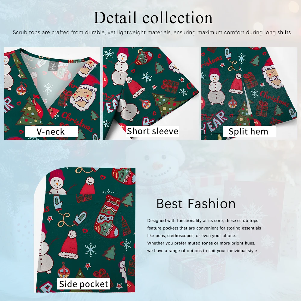 New Christmas Printing Medical Uniform Stretch V-Neck Pockets Surgical Uniforms Woman Men Dental Doctor Uniform Short-Sleeve Top