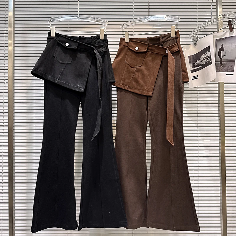 2025 Winter New Spicy Girl Street Fake Two Piece Lace up Slimming Design Micro Flared Trousers Fashion Versatile Pants