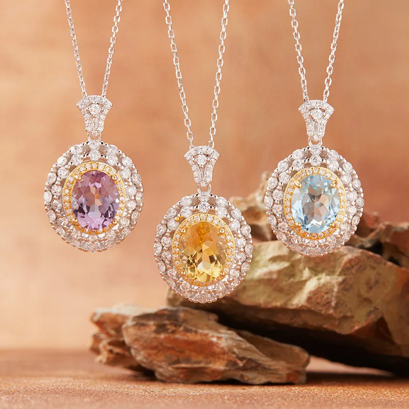 

Natural Topaz Amethyst Citrine Necklace for Womens925Pure Silver Colorful Gemstone Jewelry Vintage Hollow New Model