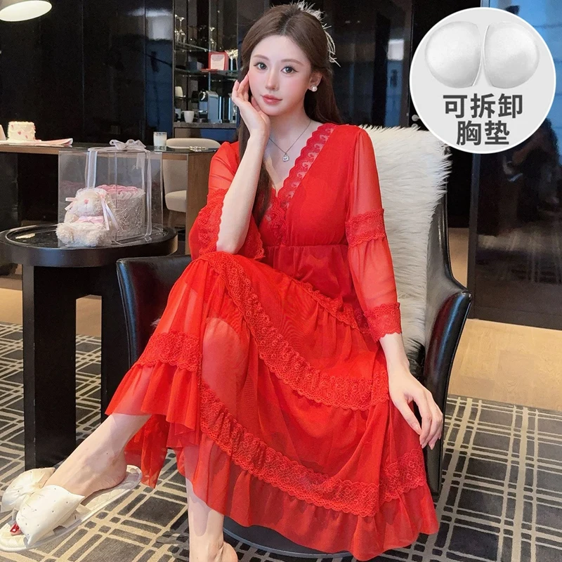 

2026 New Summer Short Sleeve Sexy Lace V-neck Cotton Nightgowns for Women Sweet Princess Sleepwear Night Dress Nightdress Nighty
