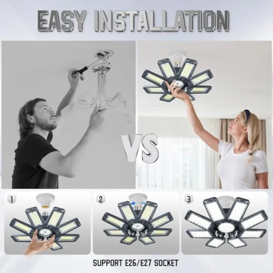 Garage Lights Pack 0W, 000LM LED Garage Lights with + Deformable 500K Screw in LED Shop Lighting for Workshop, Basement Support