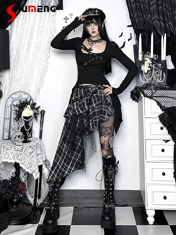 

Subculture Dark Gothic Style Hot Girl Square Neck Long Sleeve Slim Top High Waist Belt Lace Spliced Irregular Plaid Skirts Women