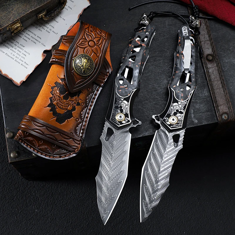 High-quality Damascus steel folding pocket knife, ideal for outdoor activities, camping, adventure, everyday carry (EDC knife）