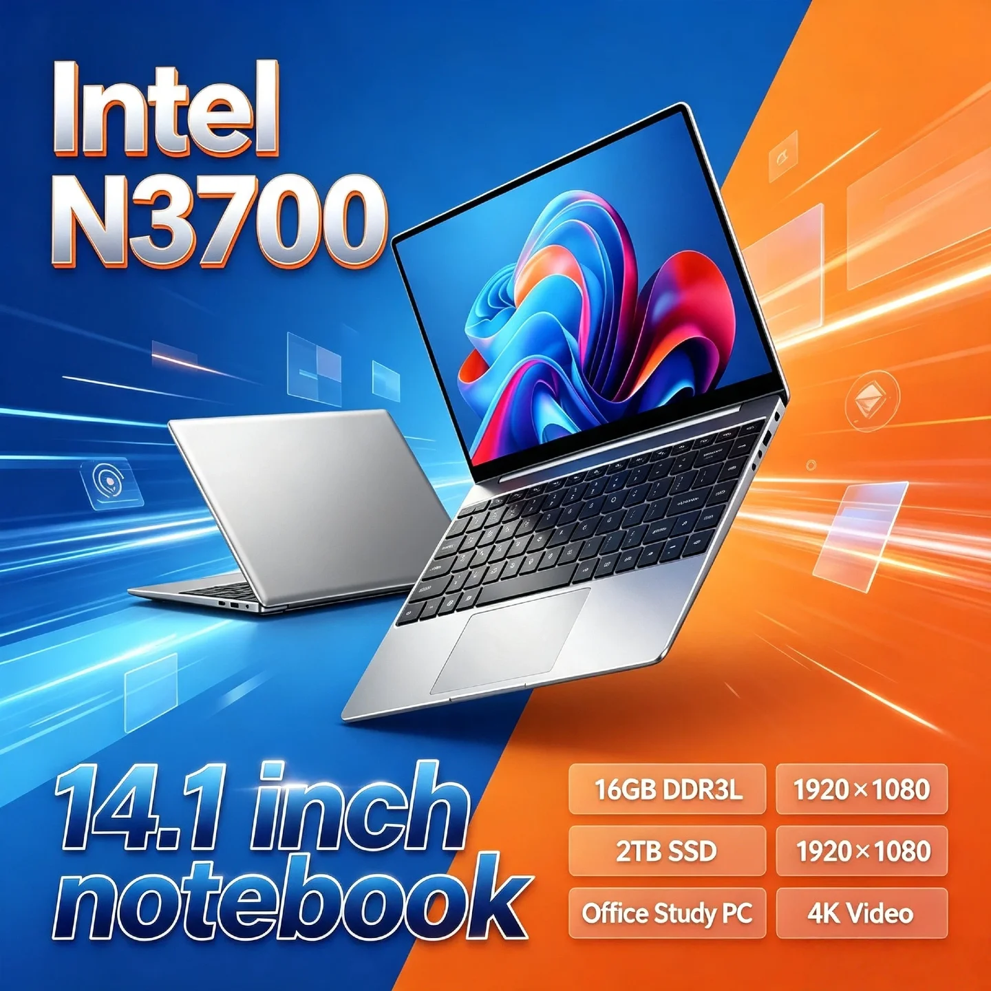 Intel N3700 Ultra Slim 14.1 Inch Gaming Laptop 16GB DDR3L 2TB SSD 1920x1080 Notebook Office PC Study 4K Video Pro Max