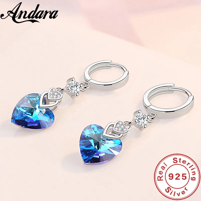 925 Sterling Silver Earrings Blue Crystal Heart-Shaped Zircon Earrings For A Woman\'S Engagement Charm Jewelry Gift