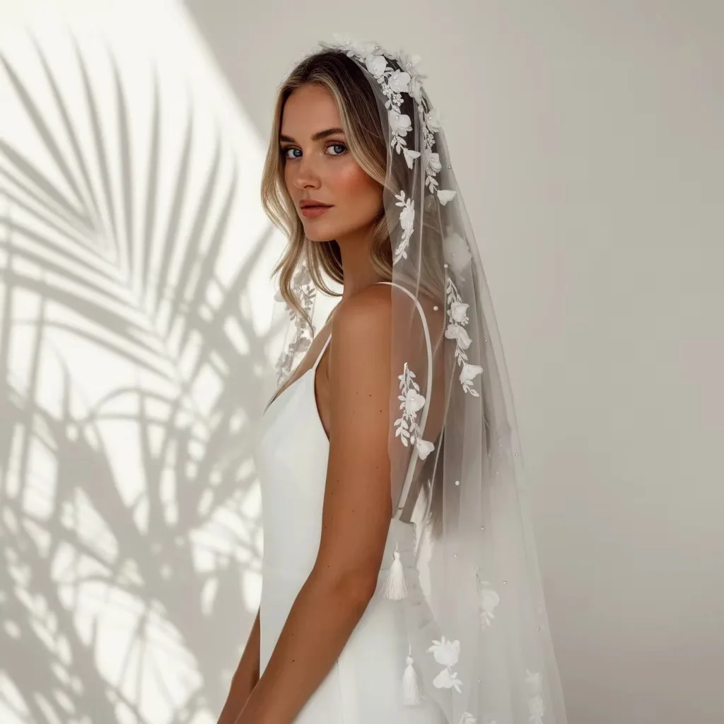Romantic Wedding Veil With 3D Lace Floral Appliques and Pearl Embellishments Multiple Lengths Luxurious Elegant Bridal Veil