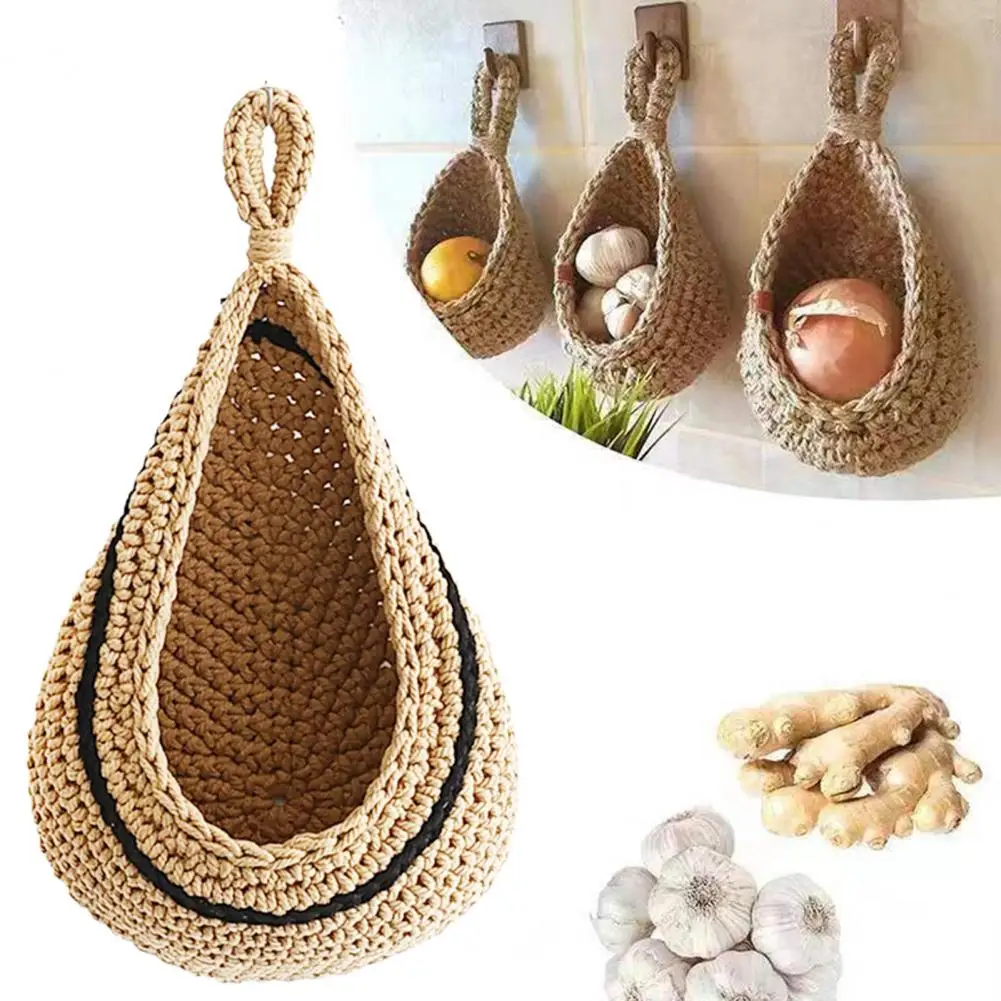 Woven Hanging Wall Basket Cotton Rope Knitted Rustic Boho Jute Waterdrop Shape Fruits Vegetable Storage Net Bag Kitchen Supplies