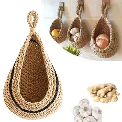 Woven Hanging Wall Basket Cotton Rope Knitted Rustic Boho Jute Waterdrop Shape Fruits Vegetable Storage Net Bag Kitchen Supplies