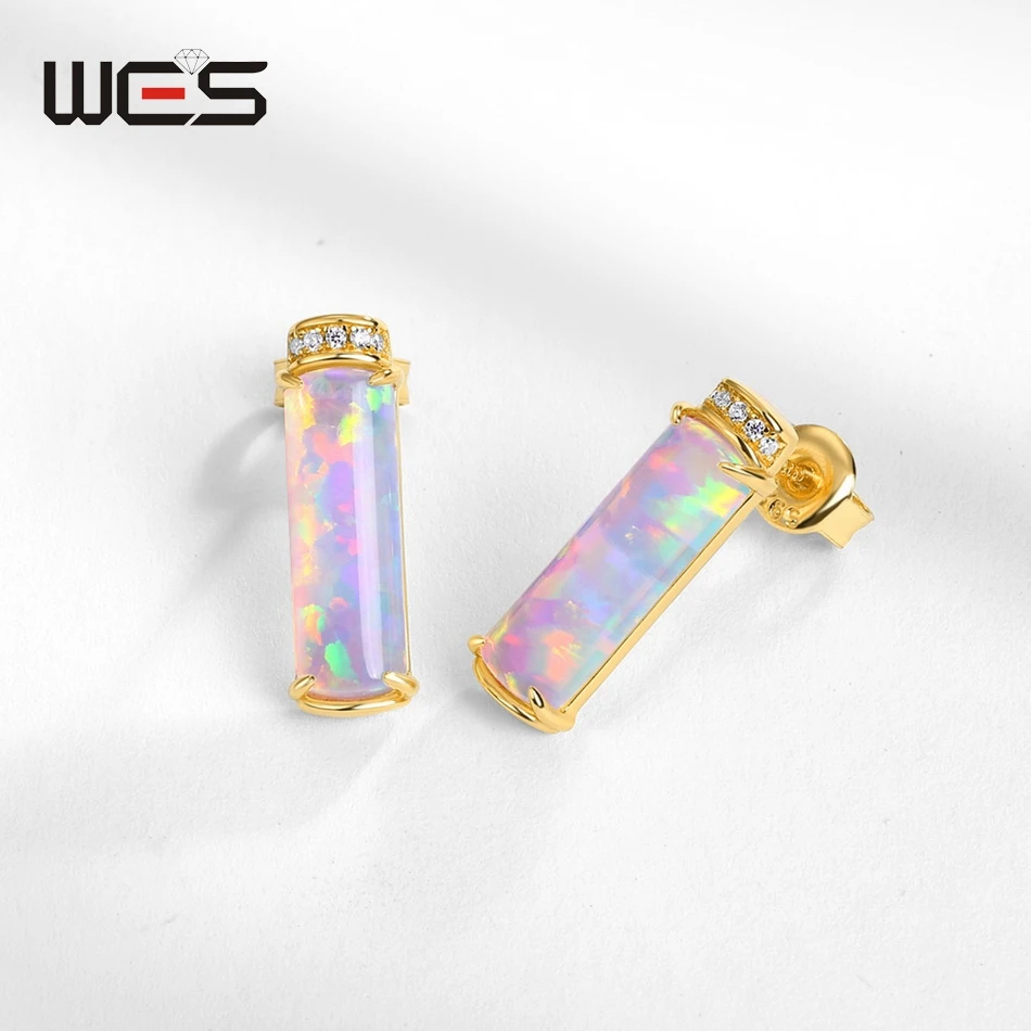 

WES Solid 10K Gold Lab Opal Stud Earring for Women 925 Sterling Silver Gemstone Vintage Jewelry Fashion Accessories Wholesale