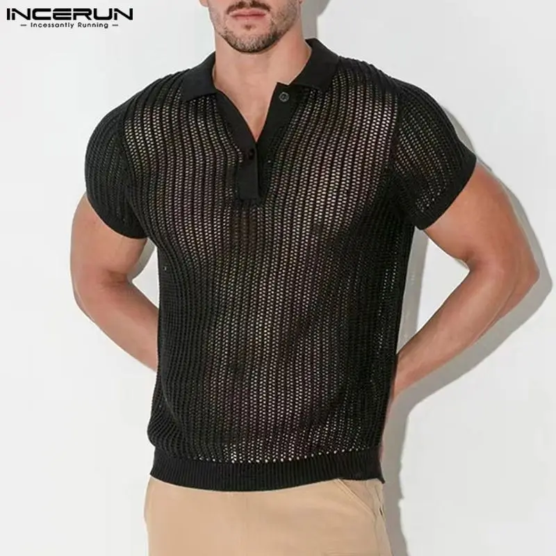 2024 Men Shirt Lapel Short Sleeve Mesh Transparent Sexy Streetwear Fashion Men Clothing Solid Color Casual Shirts S-5XL INCERUN