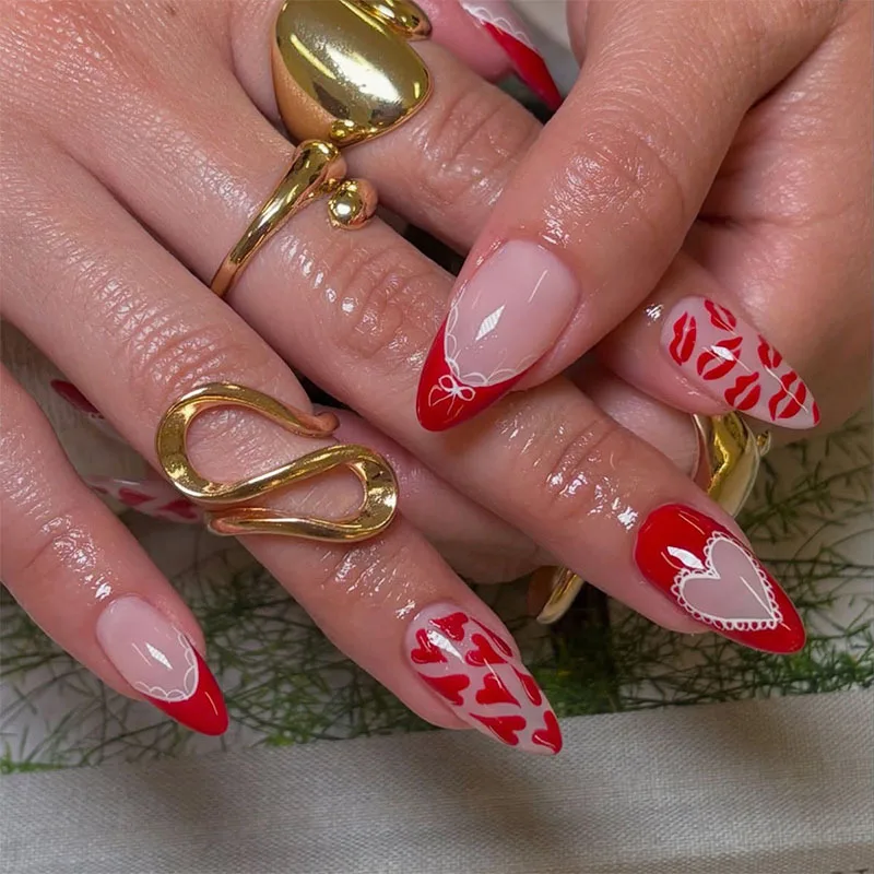 24 pièces amande faux ongles femmes saint valentin rose français presse sur ongles rouge amour coeur imprimé Stick-on faux ongles patchs