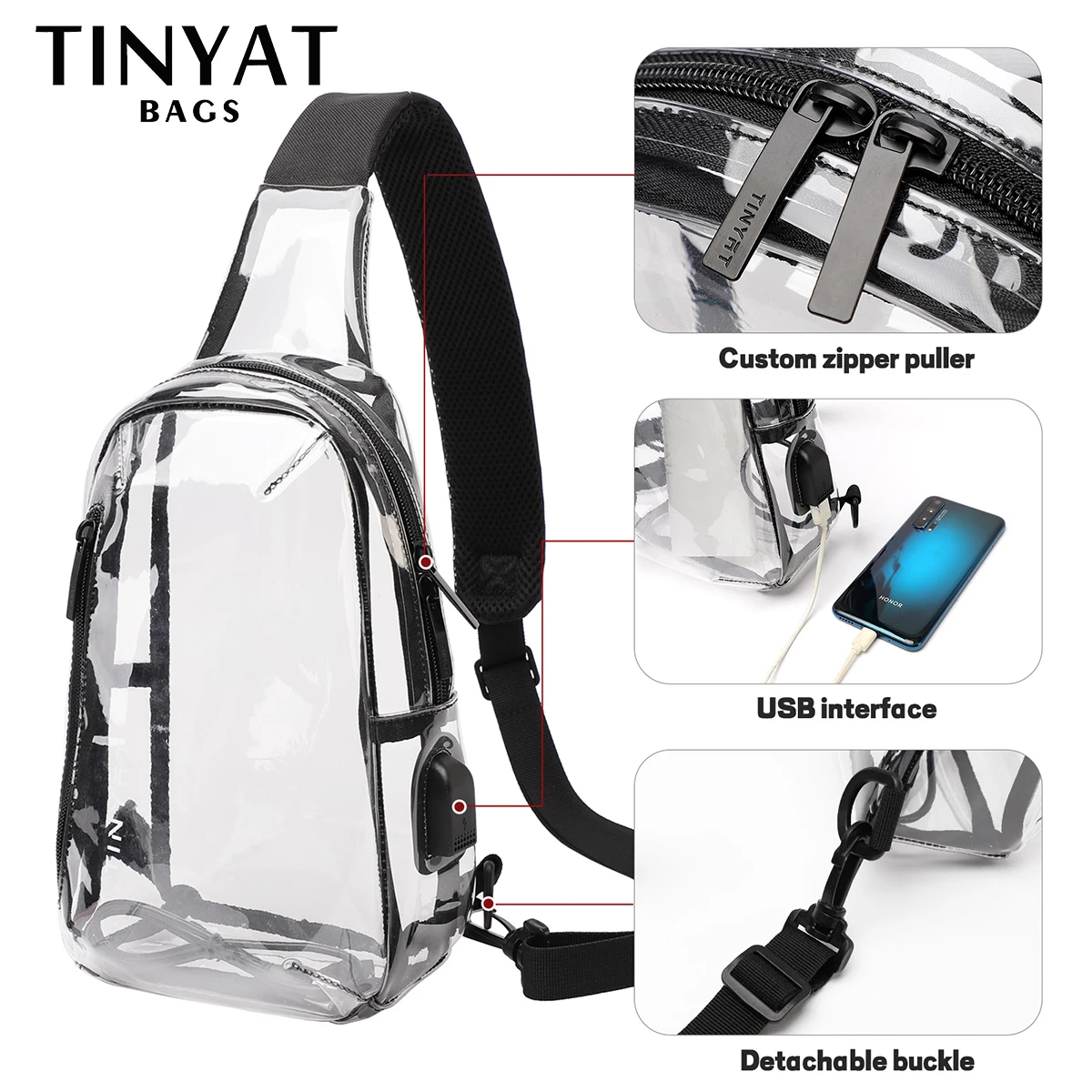 TINYAT Clear Crossbody Man Chest Bag Brand Small Men Shoulder Bag Women Waterproof Chest Bag USB Charging Fashion Bags