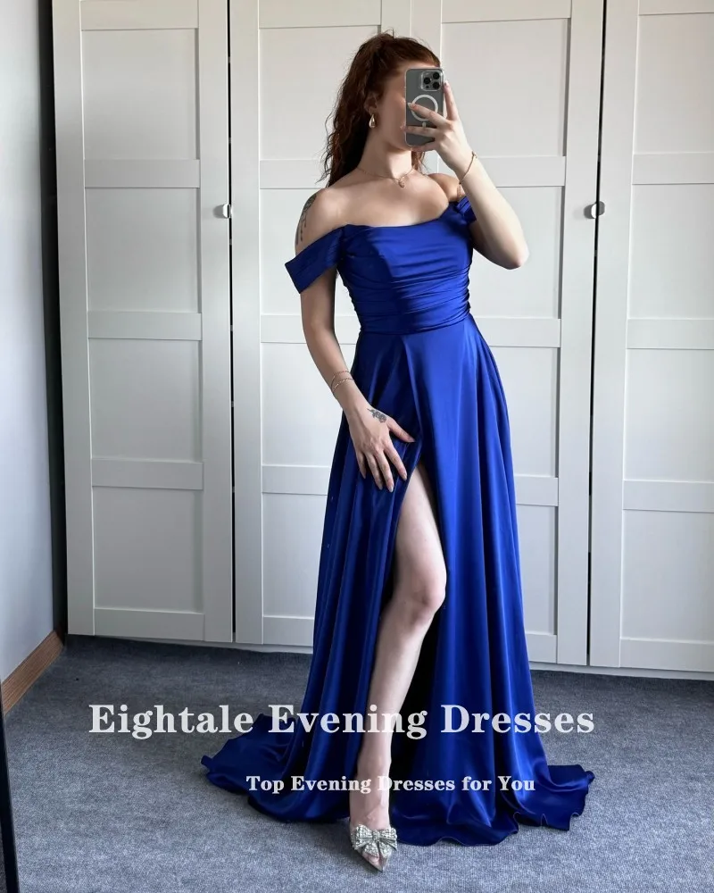 Eightale Royal Blue Evening Dresses off the Shoulder A-Line Prom Party Gown Satin Side Slit Arabic Wedding Vestidos De Fiesta