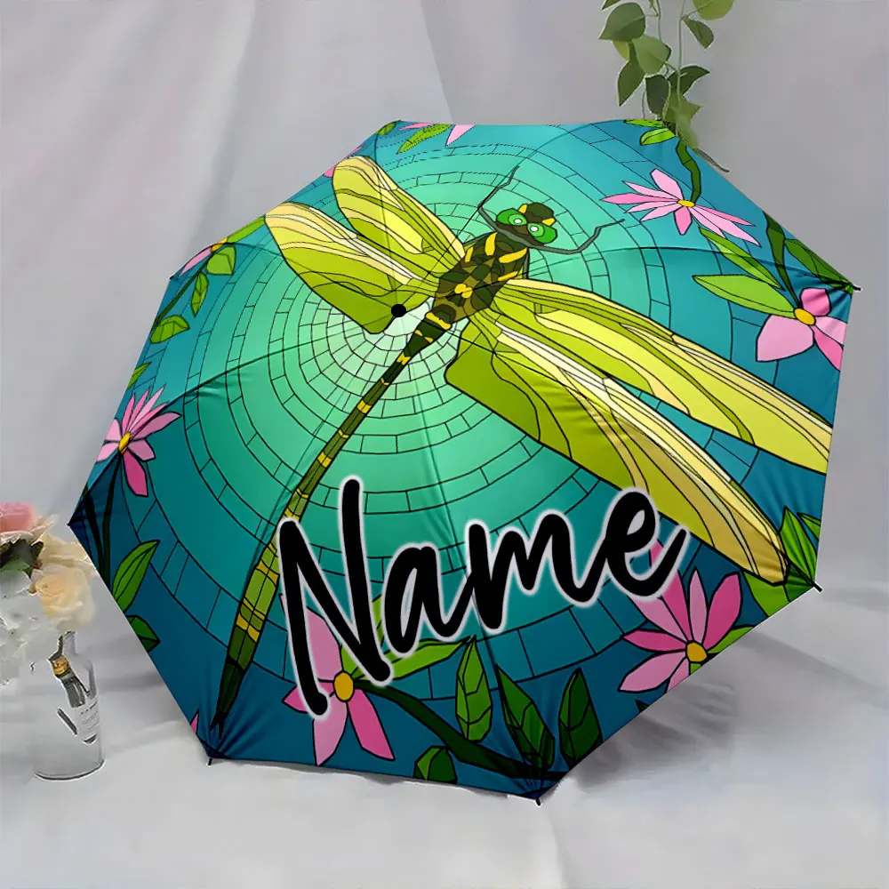 Custom Name Colorful Dragonfly Umbrella Design 8 Iron Ribs Folding Umbrella Auto-Open Fashionable Sunshade Deluxe Gift