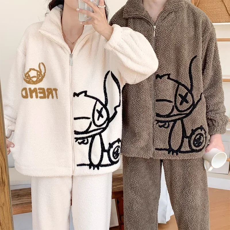 Cartoon Disney couple pajamas winter warm couple suit coral fleece two  -piece set Disney loungewear Stitch women's pajamas