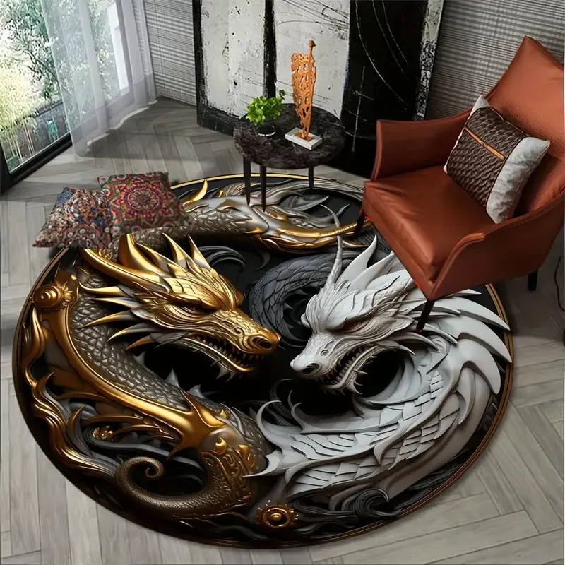 

3D Artistic Stereo Dragon Lion Cat Round Carpet Mat Rug Yin Yang Star Earth Celestial Home Decoration Living Room Bedroom Decor