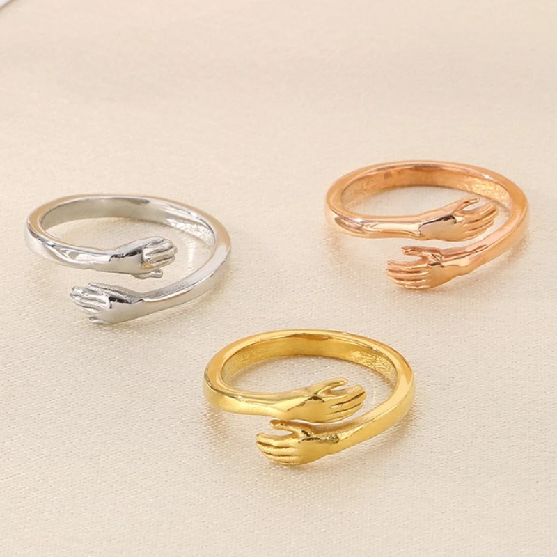 Romantic Stainless Steel  Couple Rings with Hands Embracing for Women New
