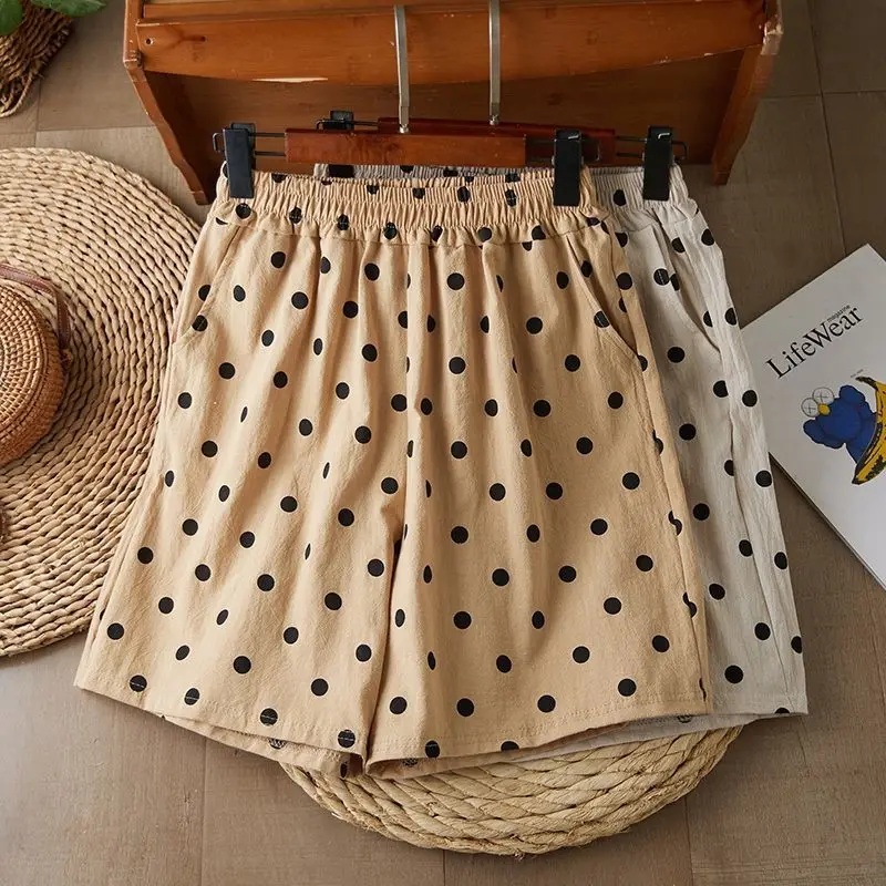 Summer New Cotton Linen Five-Point Women's Shorts Loose Breathable Slimming Pants Outdoor Wear Polka Dot Watermark round