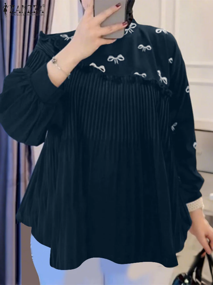 

ZANZEA Modest Islamic Fashion Blouses Bow Printed Pleated Patchwork Hijab O-Neck Muslim Tops Woman Long Sleeve Blusas Mujer