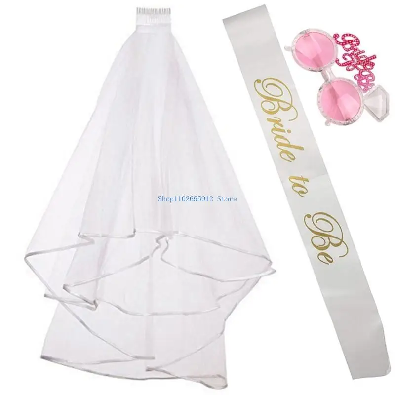 

N7YE 3PCS/Set Bride Long Veil&Sunglasses&Sash Wedding Bride Veil with Fix Comb Elegant Photography Valentines Day Tiaras