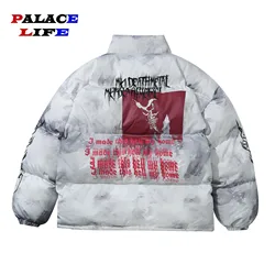 Hip Hop Men's Parkas Tie Dye Letter Graphic Oversized Padded Print Coats Winter Warm Harajuku Casual Jackets Unisex Streetwear