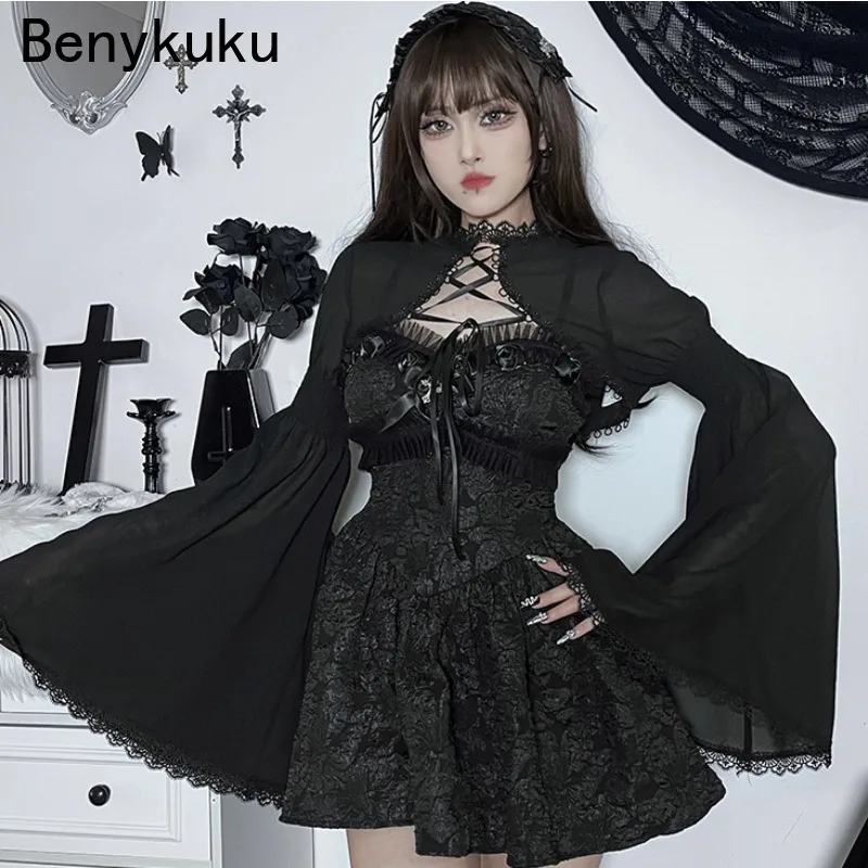 Flare Sleeve Gothic Cropped Tops Grunge Chiffon Female Black Emo Alternative Party Cover Up Goth Punk Lace Up Mall Bolero Shrug
