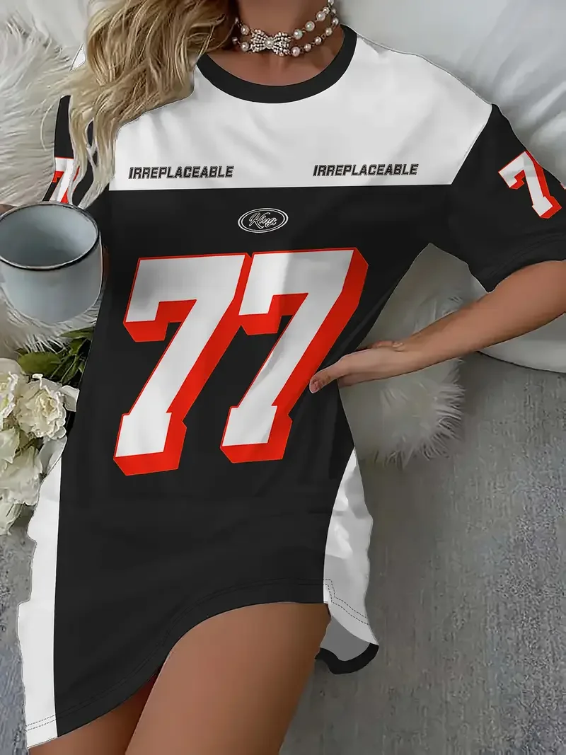 الصيف المرأة تي شيرت فستان حجم كبير رسالة عادية رقم 07 مطبوعة سيدة قصيرة الأكمام البلوز فساتين النساء الملابس