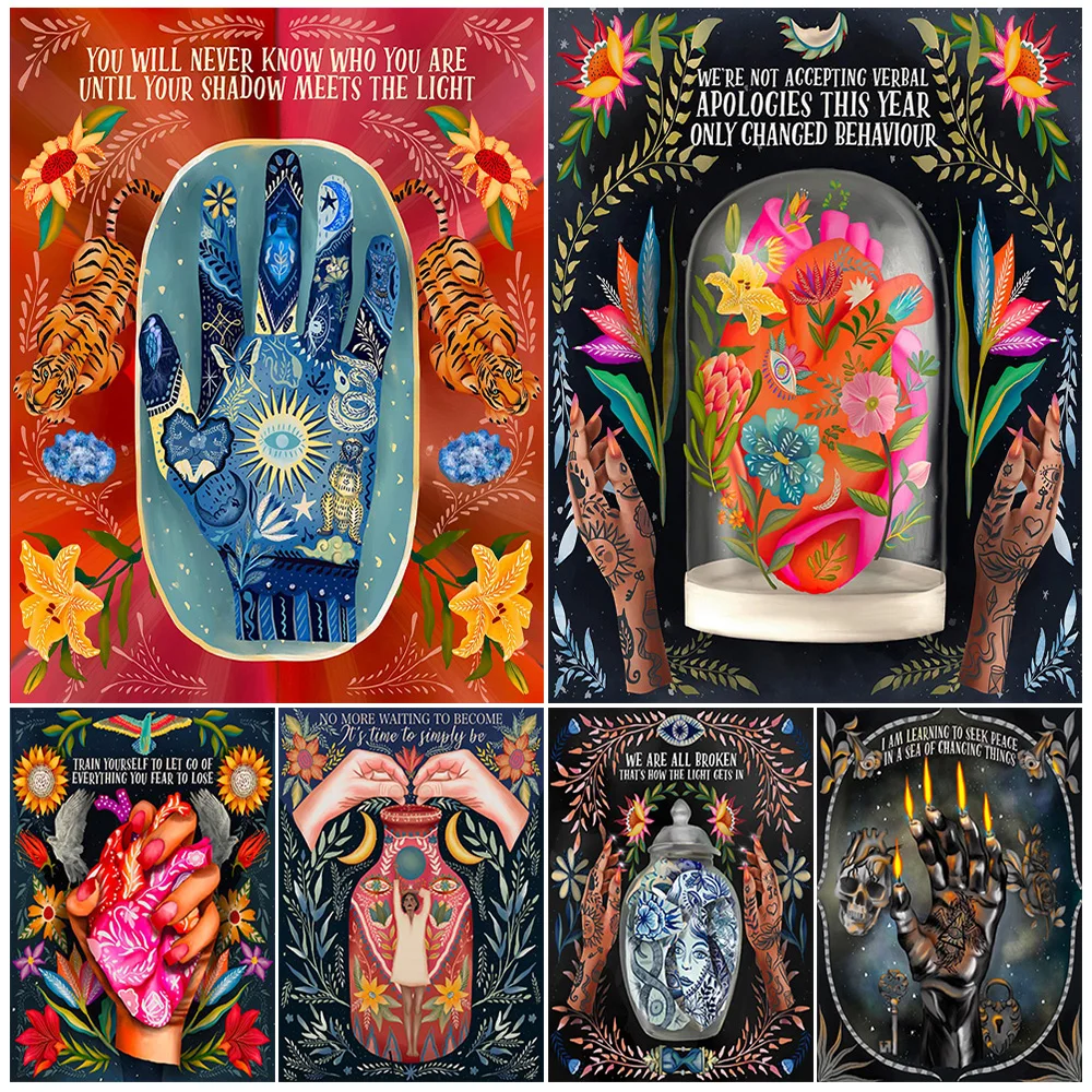 

Magic Witch Hands And Power Words,Abstract Wall Art Canvas Painting,Divination Cards And Tarot Cards,Gothic Art Poster Print