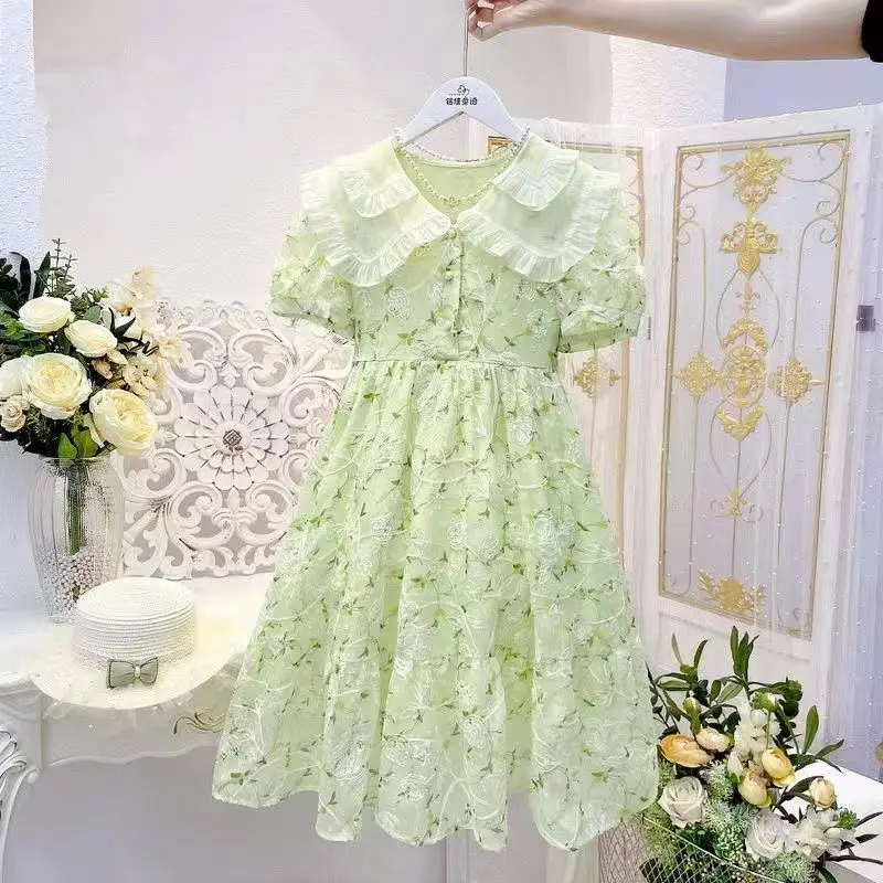 Girls Maxi Dresses Kids Outfits Baby Bow Print Dresses Summer Teens Short Sleeve Wedding Princess Costumes 4 5 6 7 8 9 12 Years